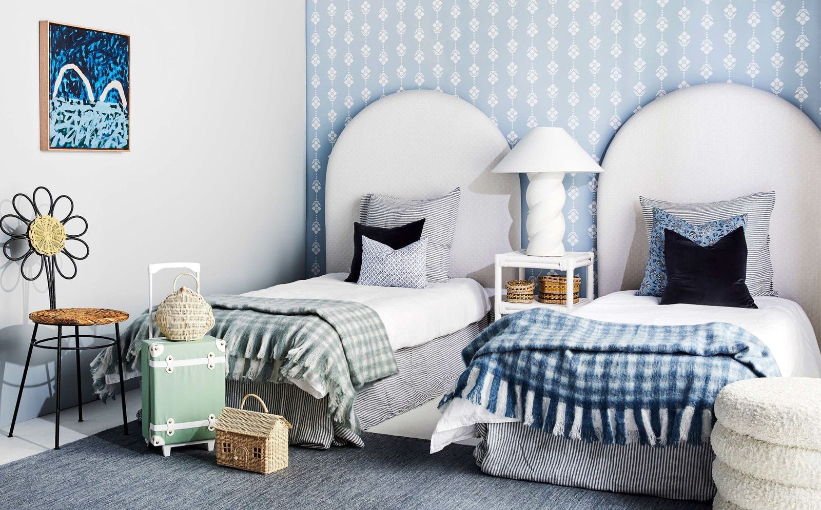 Luxurious bedroom with custom peel and stick wallpaper