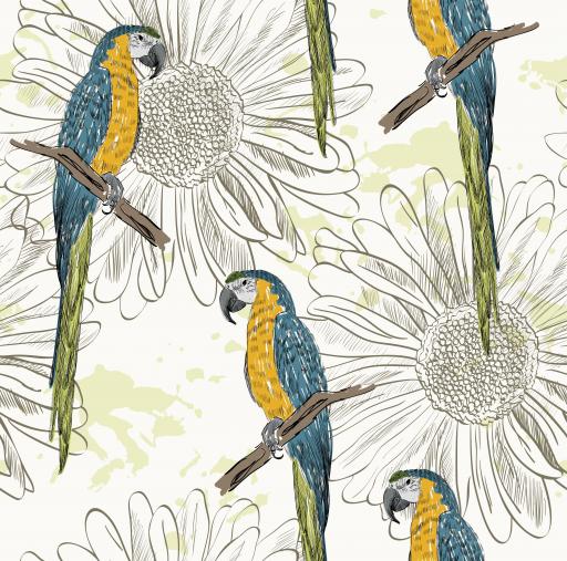 Parrots With Daisy Wallpaper | Luxe Walls - Removable Wallpapers